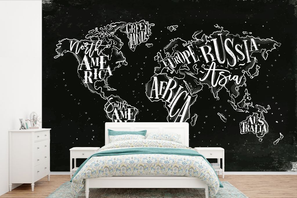 MuchoWow Fototapete für Wohnzimmer oder Schlafzimmer Wandtapete Vinyl Motivtapete Weltkarte - Einfach - Schwarz - Weiß - 390x260 cm - Papiertapete