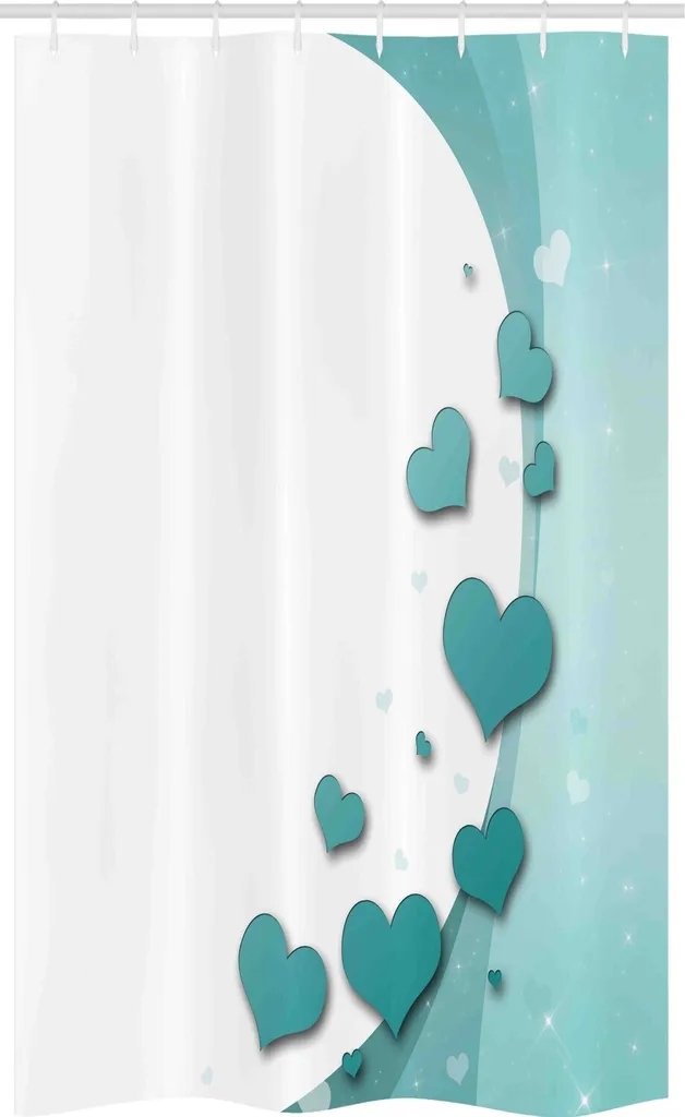 ABAKUHAUS Tenda da doccia stretta turchese, cuori di San Valentino, set decorativo per bagno in tessuto con ganci, 120 x 180 cm, turchese verde acqua bianco