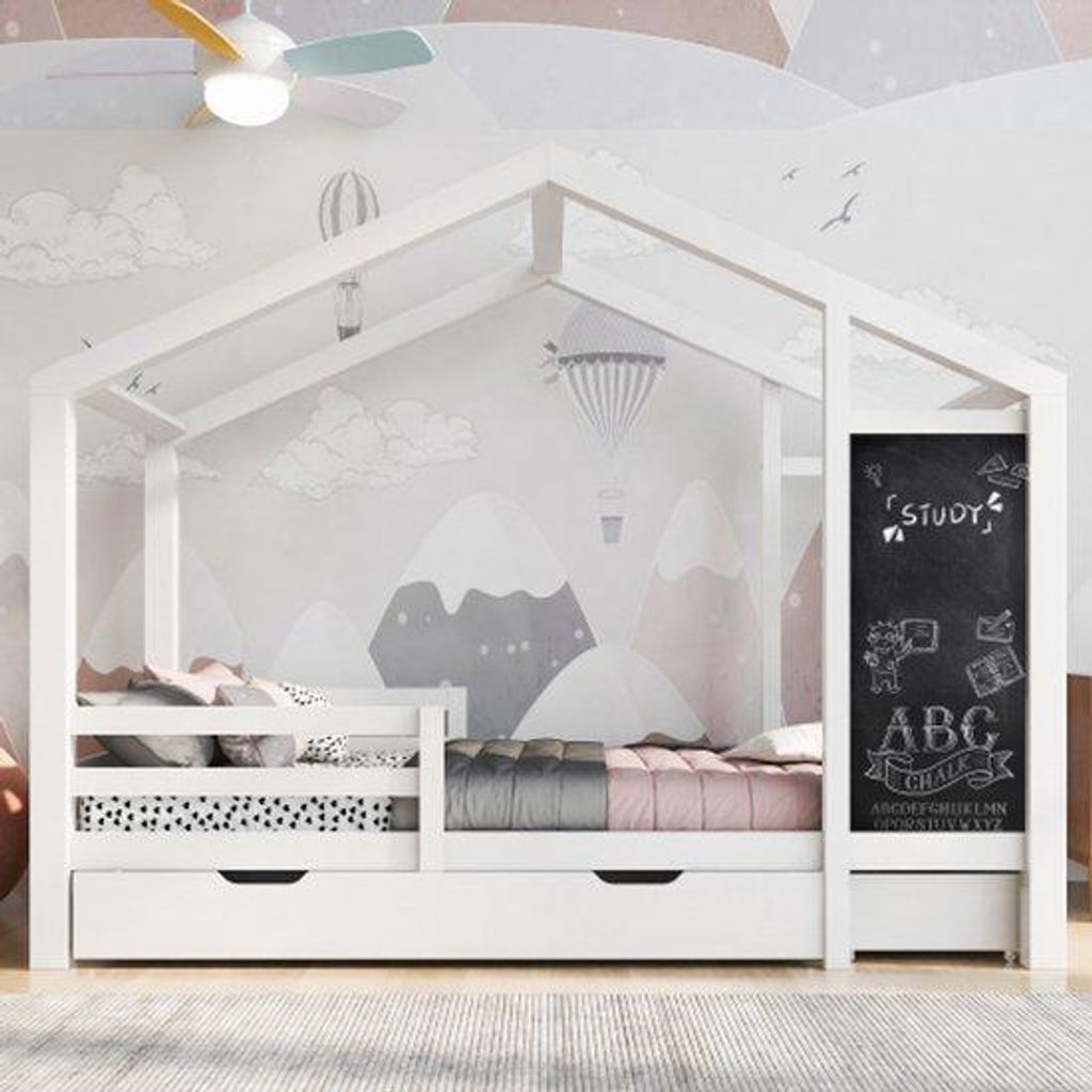 Kinderstapelbett 90 x 200 cm, weiß, mit Schornstein, Aufbewahrung und Sicherheitsfalle, inkl. Tisch und 2 Lattenböden (ohne Matratze)