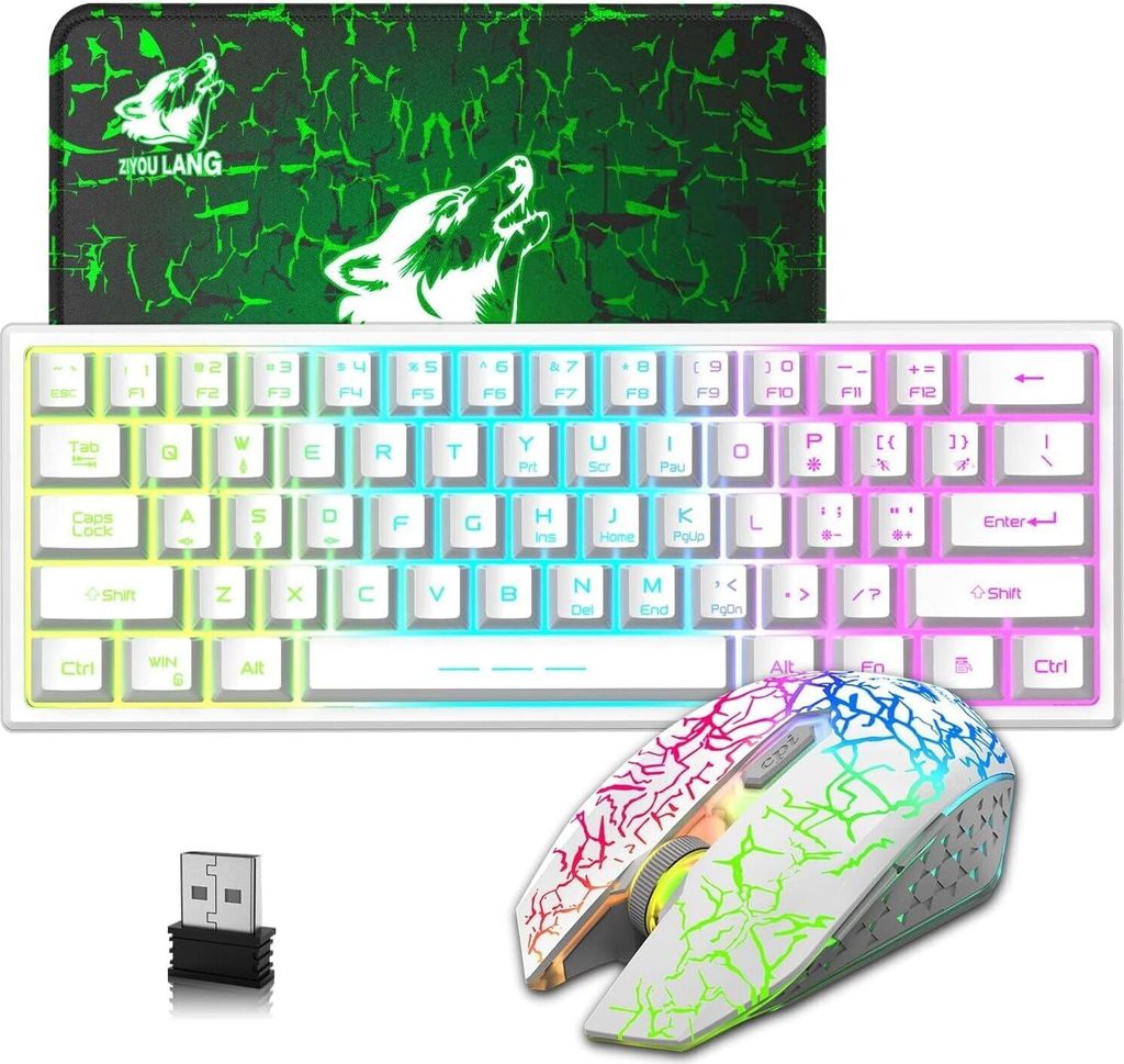 Gaming Set Kabellos Beleuchtet, 61 Tasten Regenbogen 3800mAh Wederaufladbare Mechanische Feel Tastatur, 2400 DPI Regenbogenlicht-LED 6 Tasten Maus