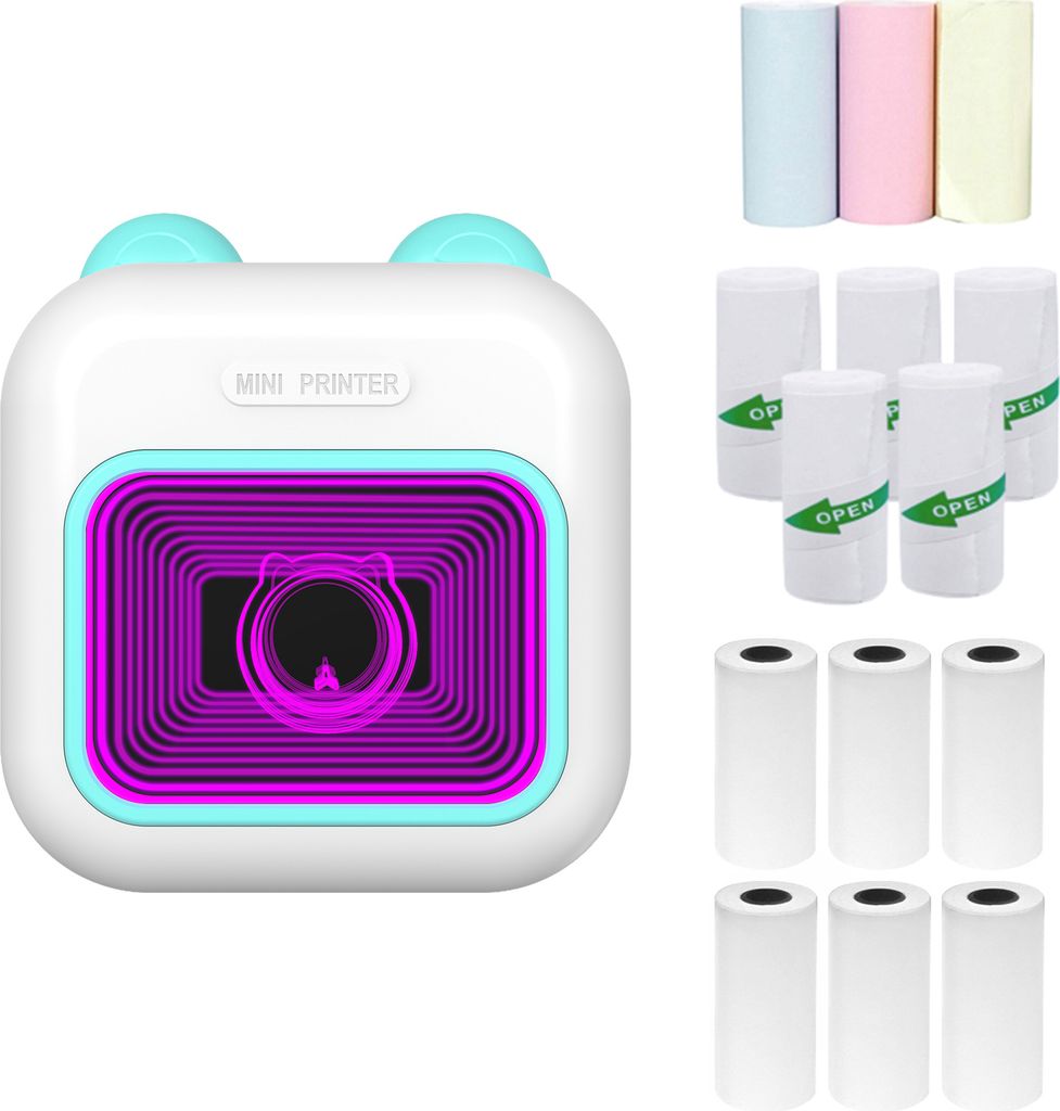 M10 Mini Thermodrucker Bluetooth Sofortbilddrucker Etikettendrucker, 7-Farben-LED-Licht, mit 11 Papierrollen (57 x 25 mm), Android iOS