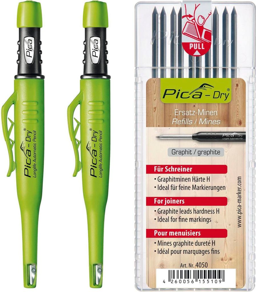 Pica Dry Set - 2x Pica Stift automatisch mit 10x Pica Dry Minen H Graphit, unerlässlich für Hand- und Heimwerker, 3-teilig