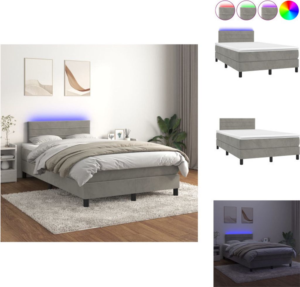 vidaXL Boxspringbett mit Matratze & LED Hellgrau 120x200 cm Samt - Betten & Bettgestelle