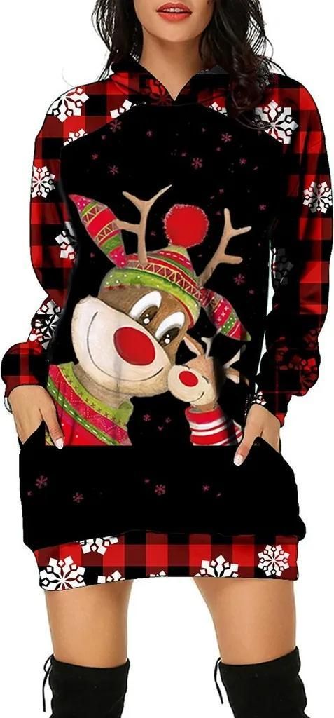 ASKSA Damen Rentier Print Kapuzenpullover Winter Langarm Hoodie Pullover Kleid Pulli Weihnachtskleid, F-Schwarz, XL