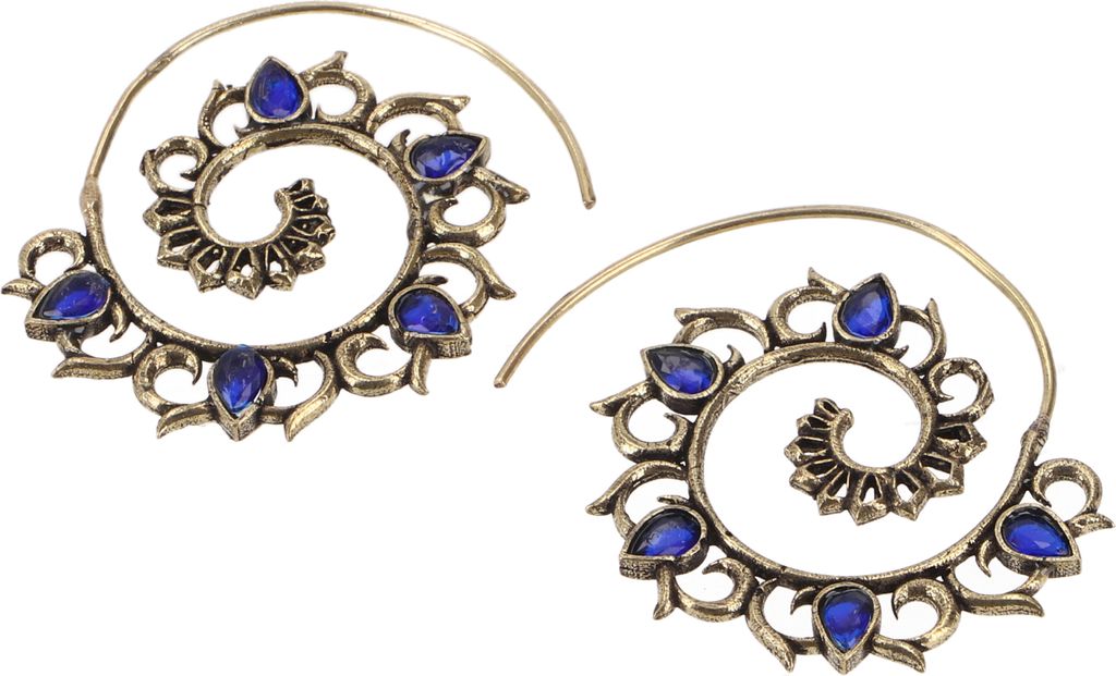 Hängeohrringe aus Messing, Perlen, Tribal Spiralohrringe - Gold/blau, Gold-Farben, Glasperlen,Messing, 5*4*0,1 cm, Ohrringe + Ohrstecker Modeschmuck