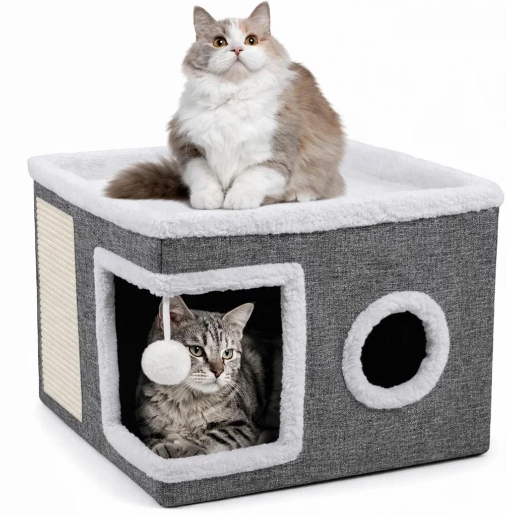 Katzenhaus Katzenhöhle Katzenbett mit Kratzfläche Spielzeug faltbar Grau 42x42x30 cm