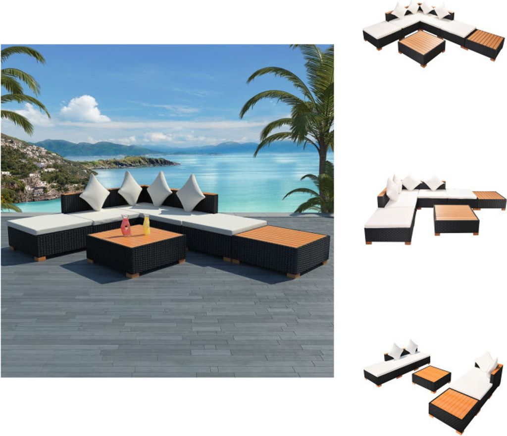 vidaXL 7-tlg. Garten-Lounge-Set mit Auflagen Poly Rattan Schwarz - Gartenmöbel-Sets
