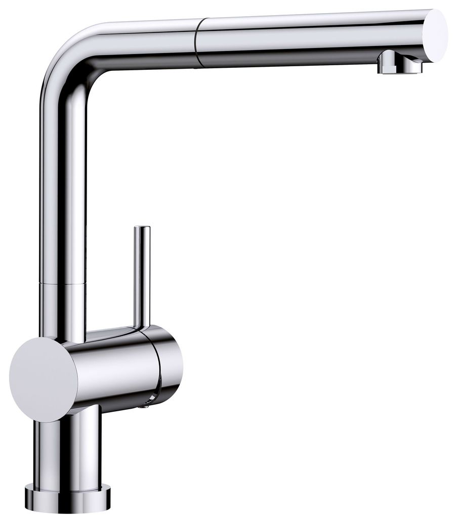 A close-up studio shot of a modern kitchen faucet.