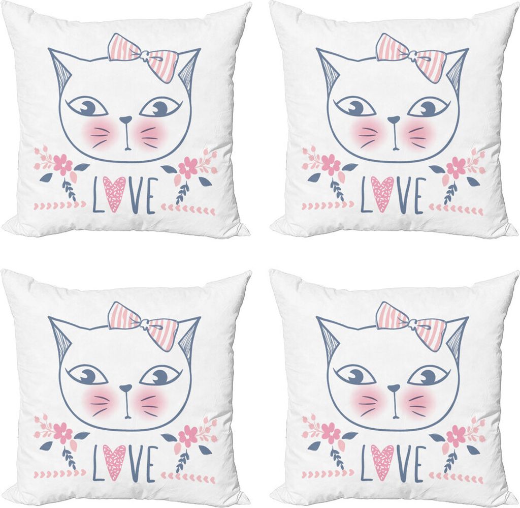 ABAKUHAUS Katze Kissenbezug Set (4 Stück), Liebe Kätzchen blüht Grafik, Moderner Doppelseitiger Digitaldruck, 50 cm x 50 cm, Pale Pink, Blau, Grau