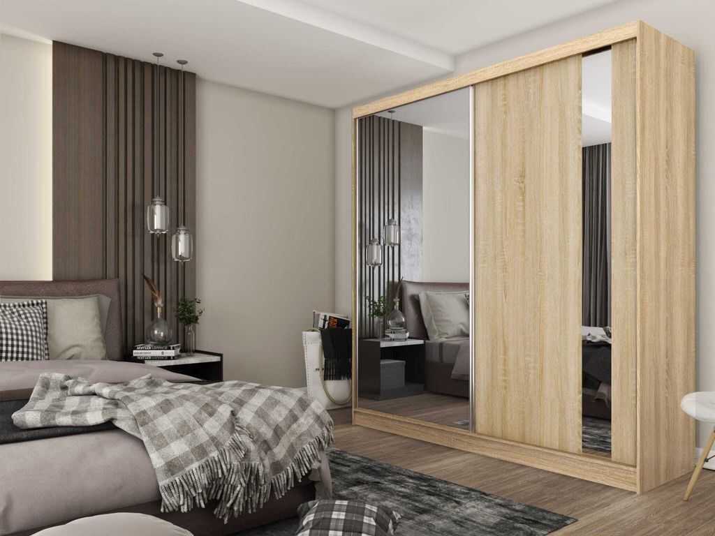 AGMAT Schwebetürenschrank Anzio, Kleiderschrank mit 2 Türen, Moderne Garderobe in Farbe: Sonoma, Schrank in Größe: 200 x 216 x 61 cm