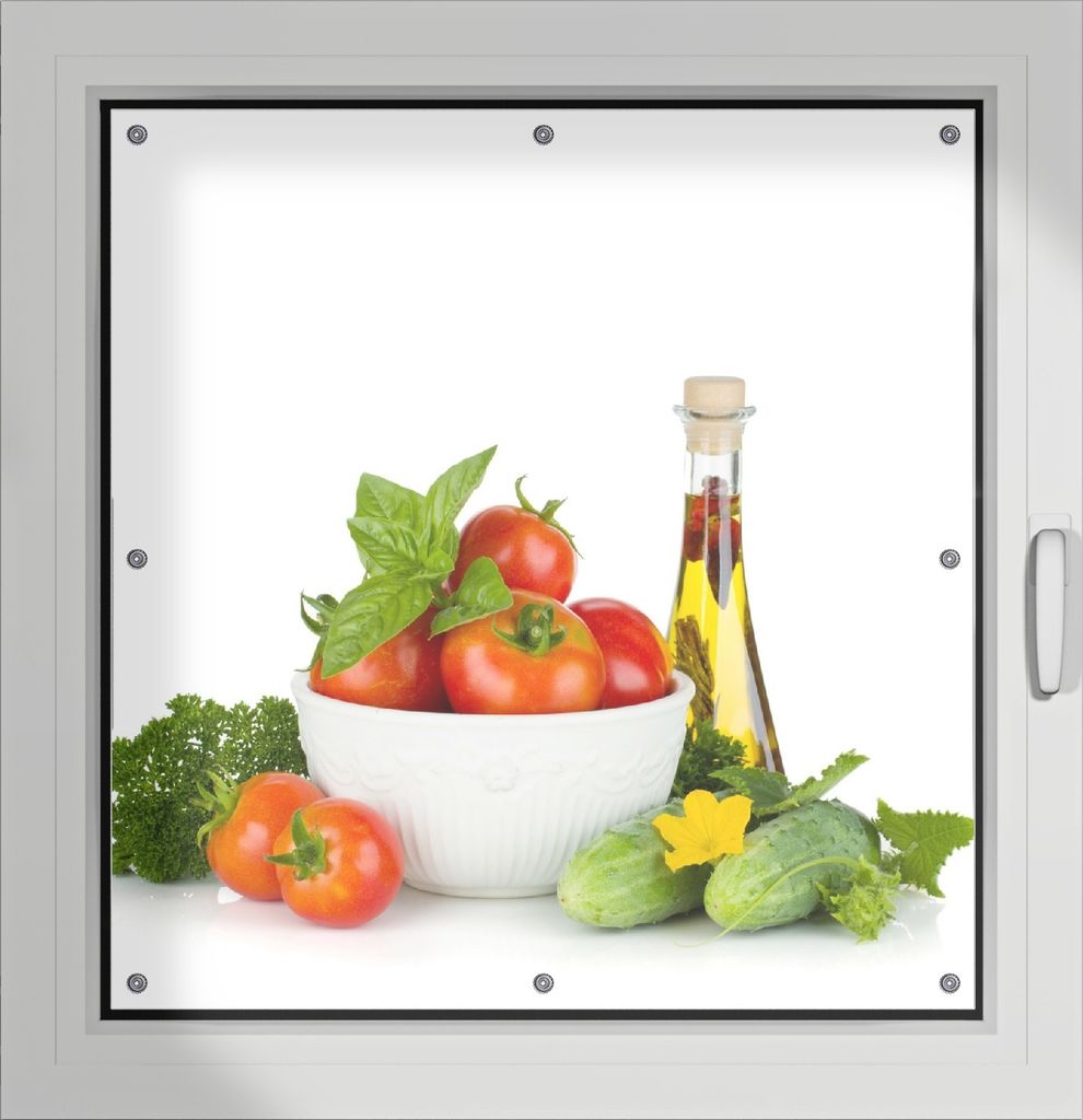 Wallario Lichtschutzbild, Dekorativer Sichtschutz Sonnenschutz 96 x 100 cm mit Motiv: Frische Salatzutaten mit Kräuter-Öl - Tomaten, Gurke, Peter...