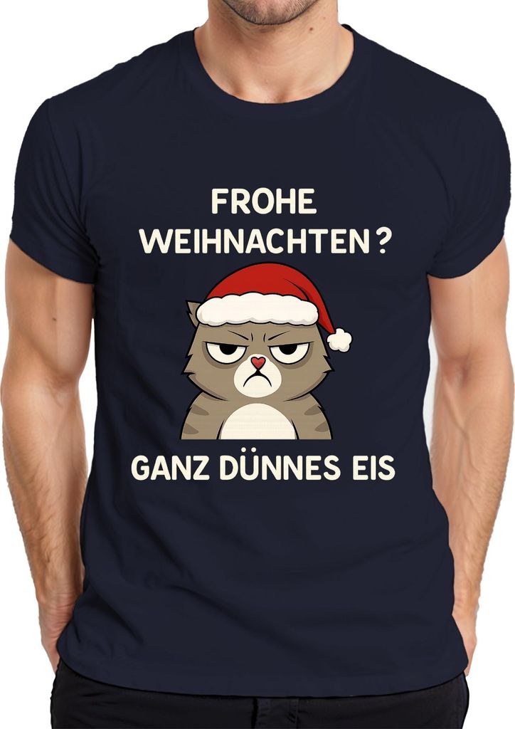 Frohe Weihnachten? Ganz Dünnes Eis Weihnachtskatze sarkastisch Herren T-Shirt, Navy, M