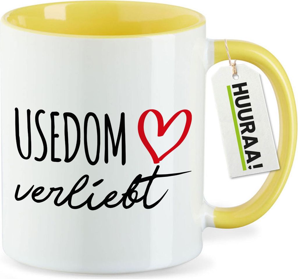 Huuraa Kaffeetasse Usedom verliebt 330ml Gelb Keramik Kaffeebecher Geschenkidee
