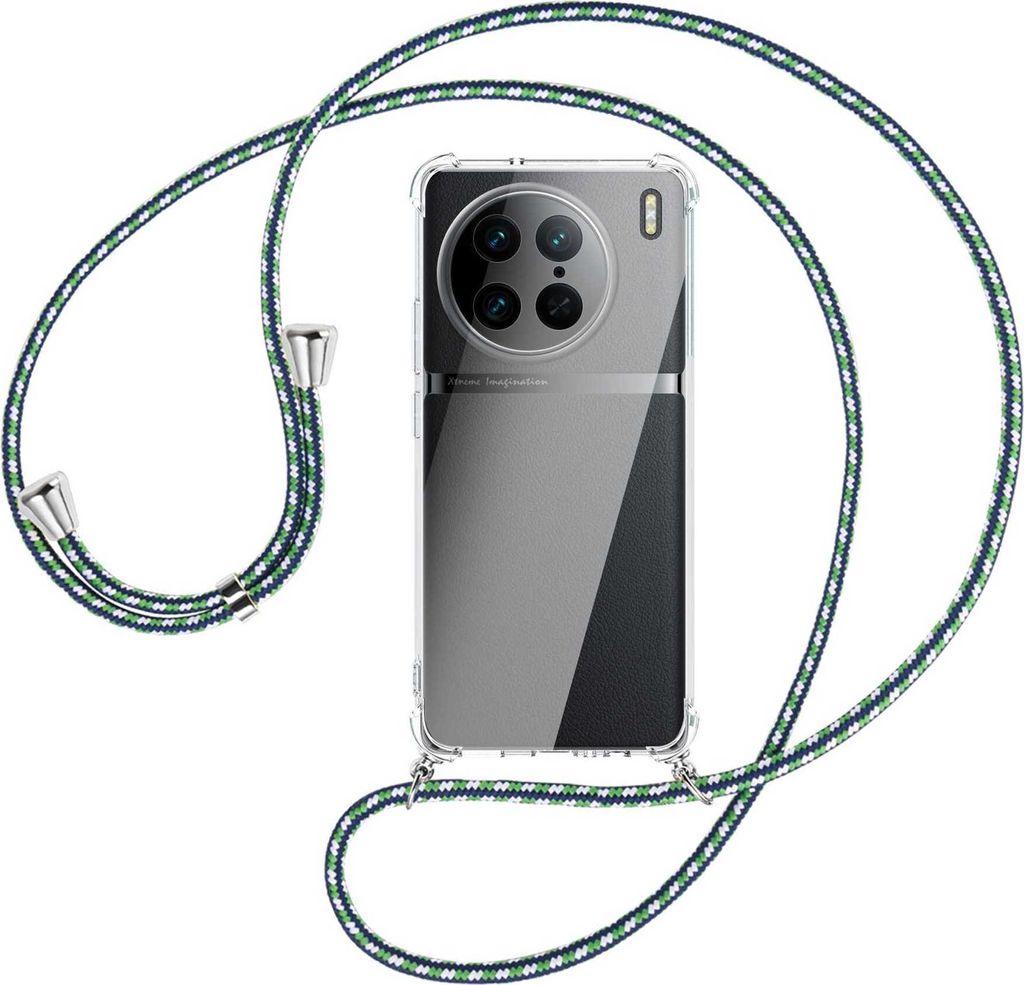 Handykette Backcover-Schutzhülle mit Band (Metall silberfarben) für vivo X90 Pro (V2242A, 6.78'') - grün/blau/weiß