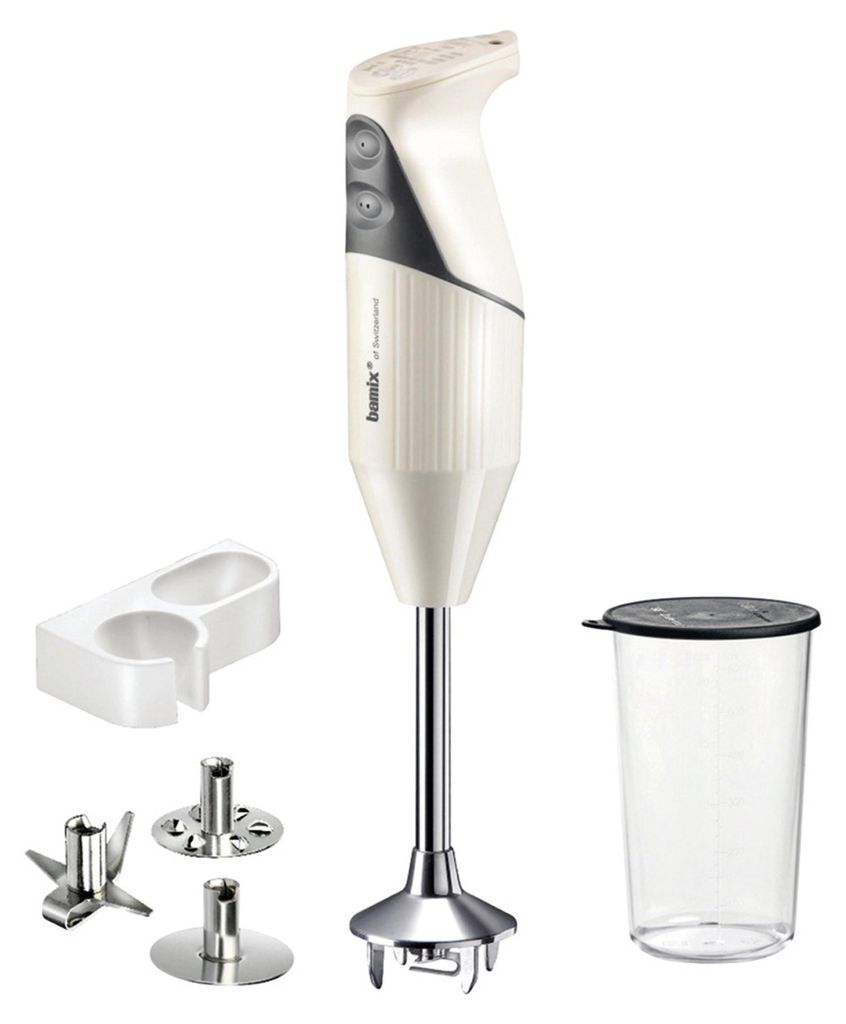 A Bamix hand blender and its accessories are displayed against a white background.