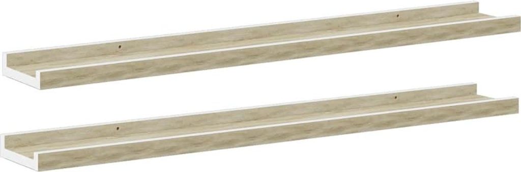 Two identical white and wood-grain shelves are shown against a white background.