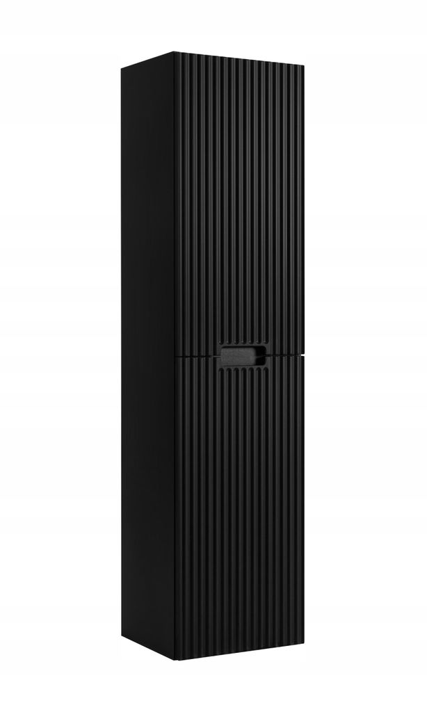 A tall, narrow black cabinet with vertical ribbed detailing and a horizontal handle in the middle.