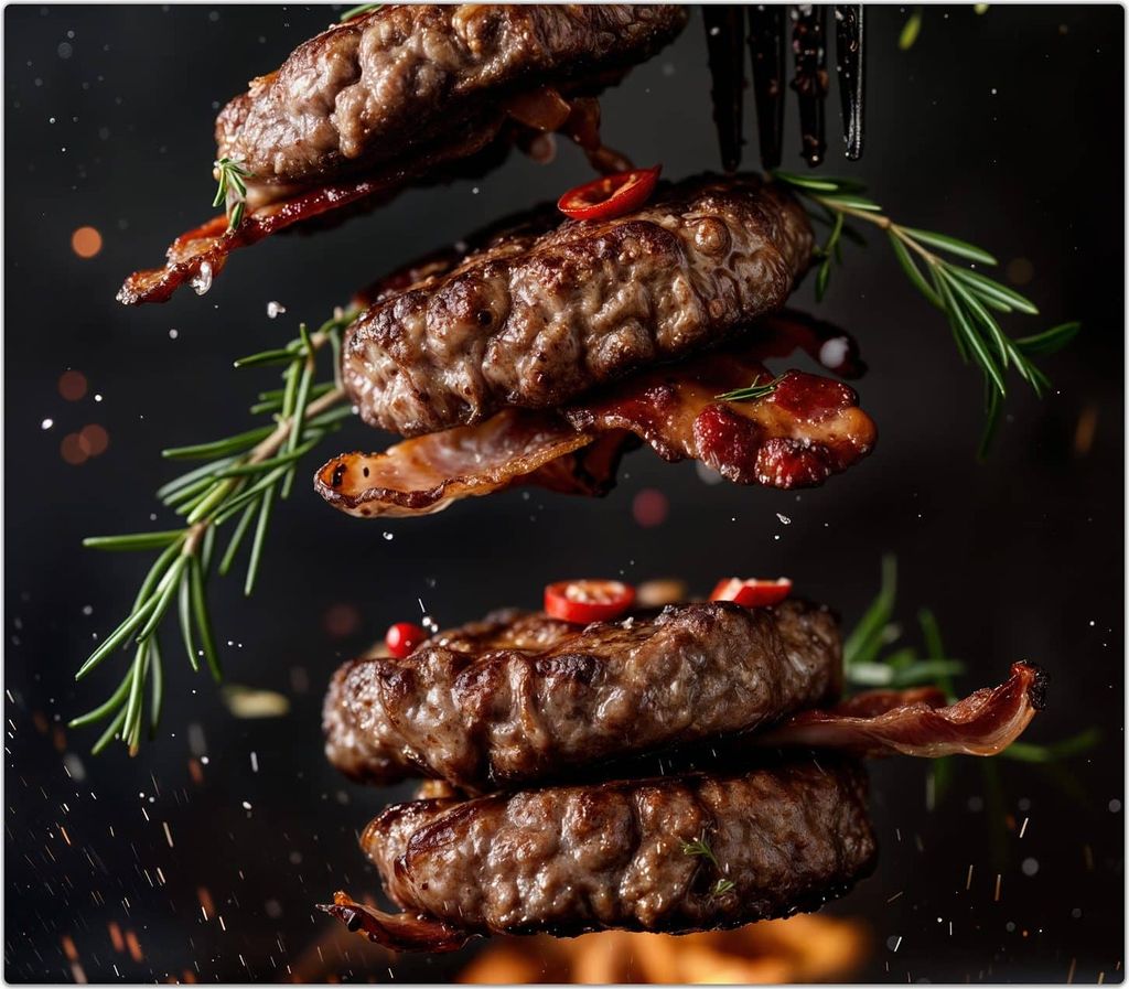 Spritzschutz Herdabdeckplatte Schneidebrett aus Glas Burger mit Bacon 1-Teilig (60x52cm)