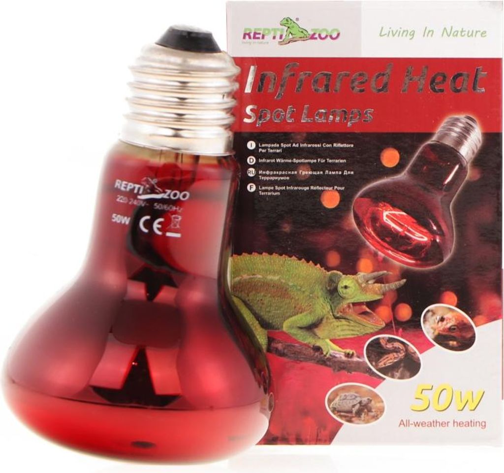 A red infrared heat spot lamp and its packaging are shown.