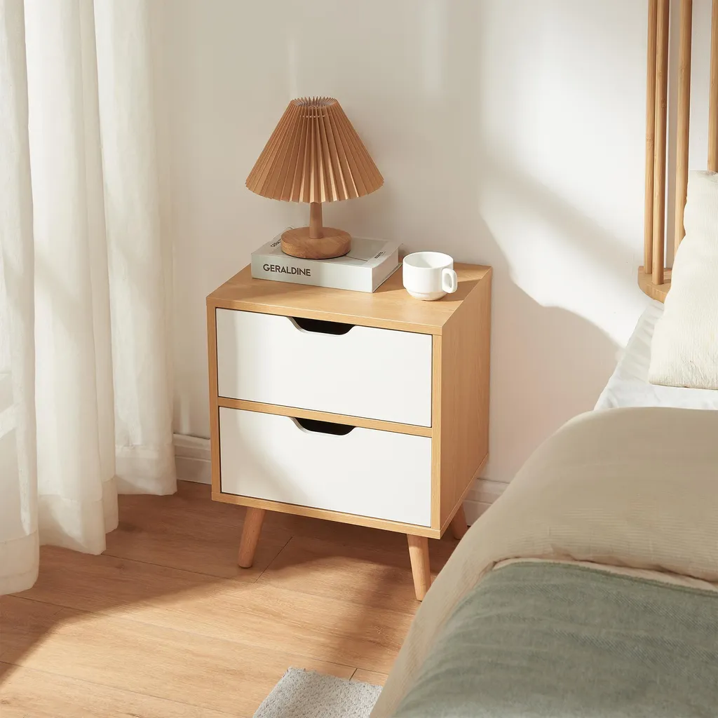 Table de nuit scandinave Bordkak blanc et bois avec rangements tiroirs