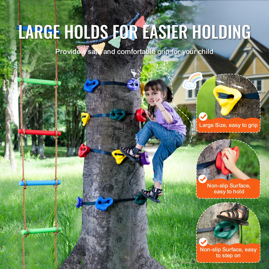 Set di arrampicata sull'albero per ninja VEVOR, 12 prese per l'arrampicata sull'albero, 6 imbracature a cricchetto e una scala per l'arrampicata, rocce per l'arrampicata per bambini e adulti, di diversi colori e forme, per i guerrieri ninja all'aperto - 4