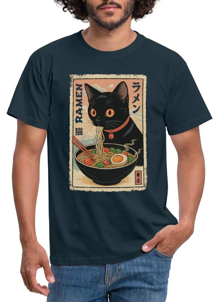 Spreadshirt Ramen Katze | Schwarze Katze Mit Nudelsuppe Männer T-Shirt, 3XL, Navy