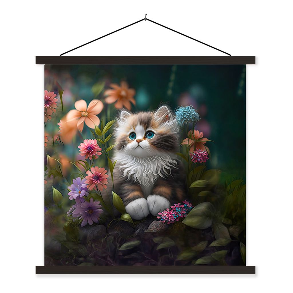 MuchoWow Textilposter Kätzchen - Illustration - Blumen - Natur - Katze 90x90 cm mit schwarzem Rahmen - Magnetisches
