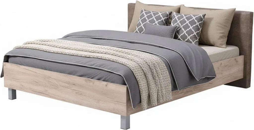 Maida Lit Double Chêne Gris Marron avec Tête de Lit Rembourrée Design