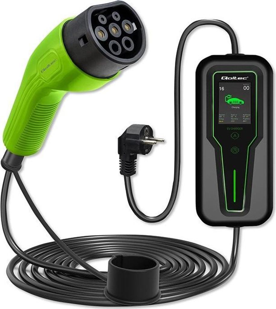 Qoltec 52465 Mobiles Ladegerät für Elektrofahrzeuge 2-in-1 Typ 2 mit Regelung | 3,5 kW | 230 V | LCD | Tragbar | Wandsteckdose | 5 m