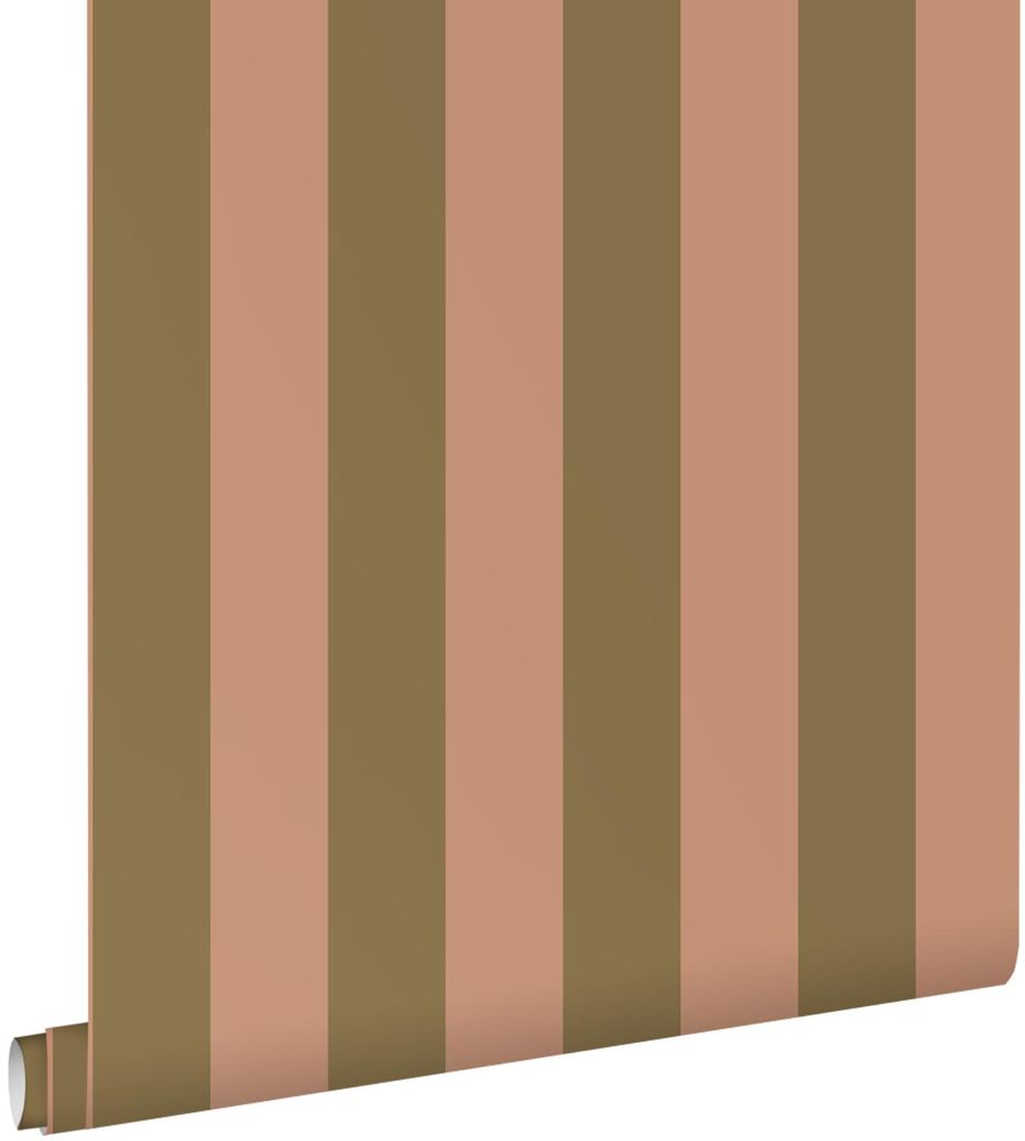 ESTAhome Tapete Streifenmuster Olivgrün und Terrakottarosa 50 x 900 cm