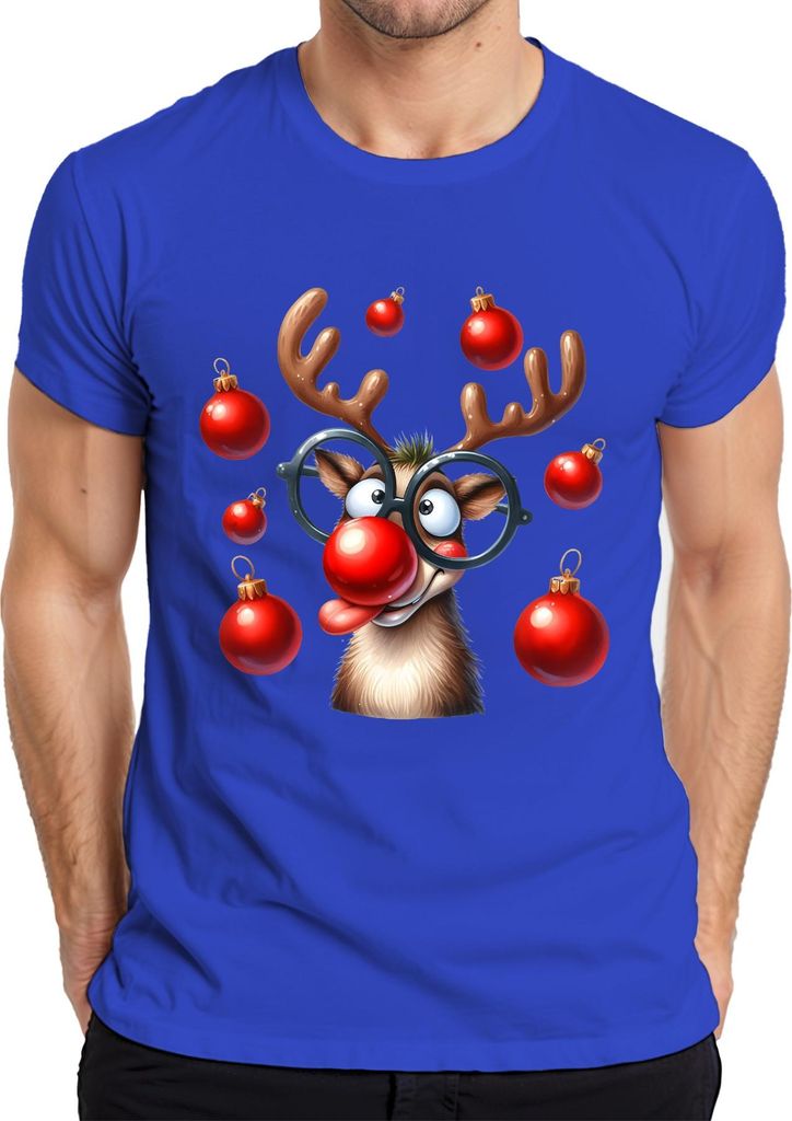 Lustiges Rentier Rudolph Rote Nase Brille Weihnachtskugeln Herren T-Shirt, Blau, M