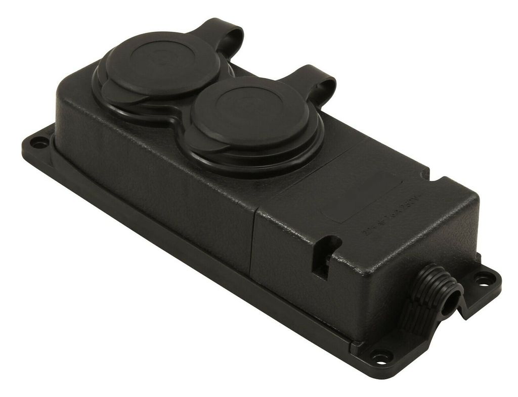 A black electrical outlet with two covered sockets and a threaded connector on a white background.