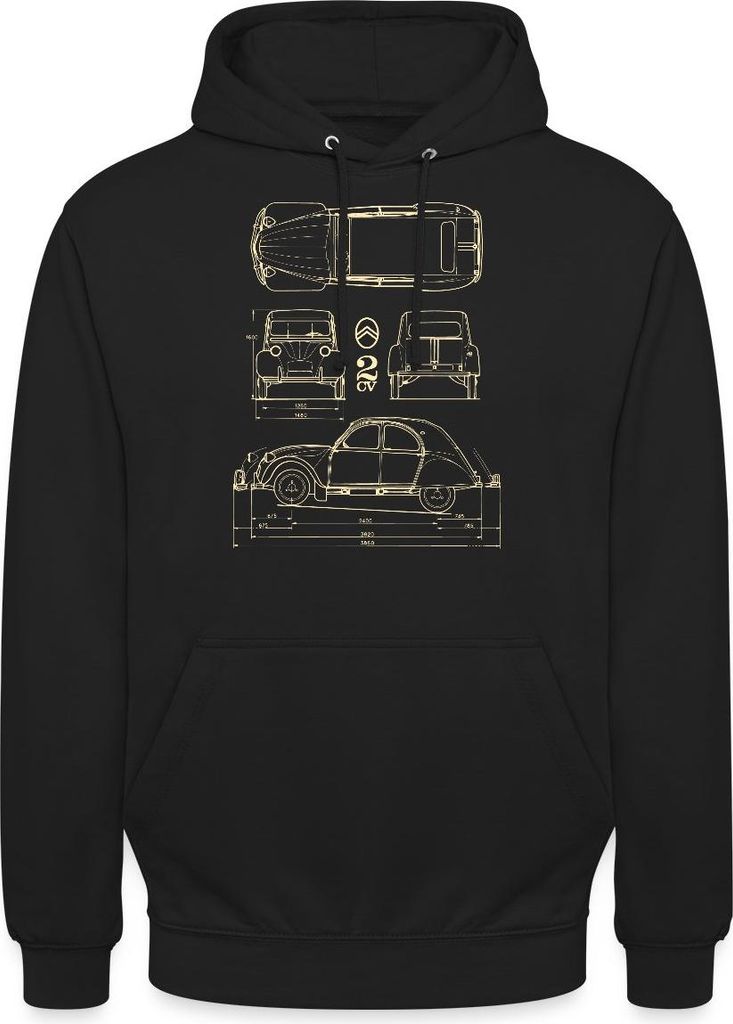 Spreadshirt Citroën 2CV Ente Bauplan Uni Hoodie, L, Schwarz