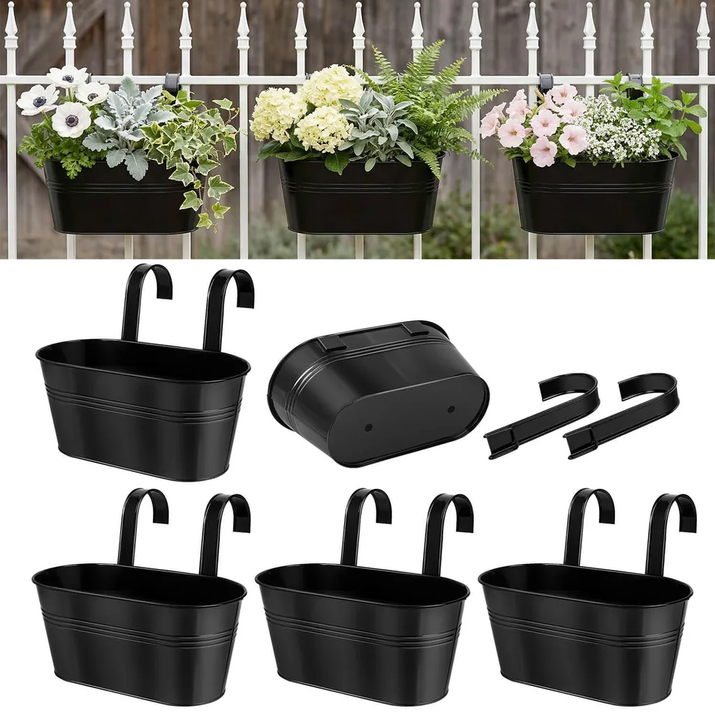Lot de 5 pots de fleurs suspendus en métal noir 27cm avec crochets