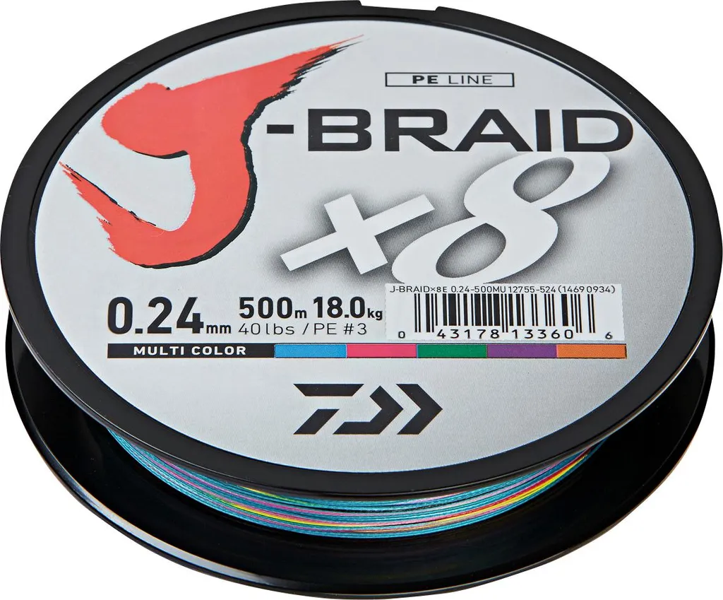 Daiwa J-Braid X8 0.24mm 300m Multicolore - Tresse de Pêche 8 Brins