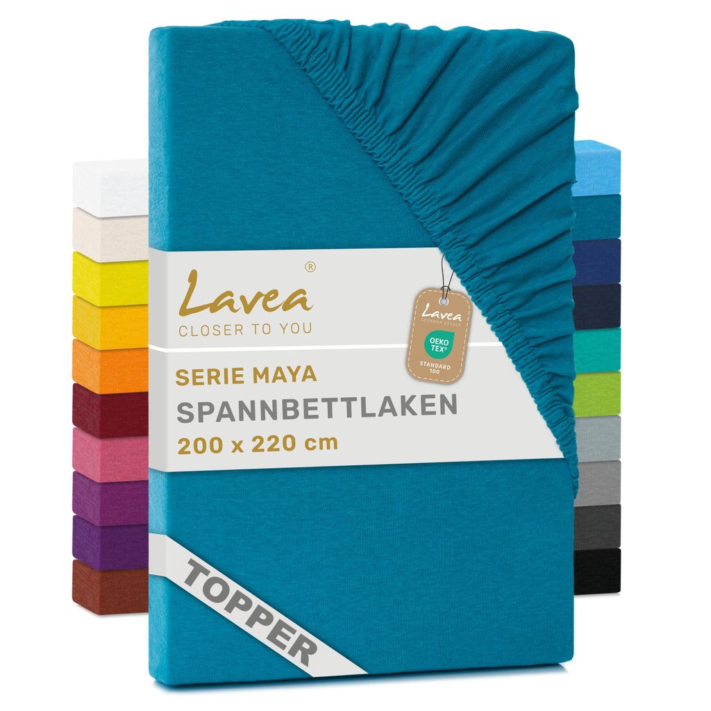 Lavea Topper Spannbettlaken 200x220 cm Maya Jersey, Bettlaken 100% Baumwolle, Bettbezug Matratzen bis 10 cm, Spannbettücher, Aquamarin