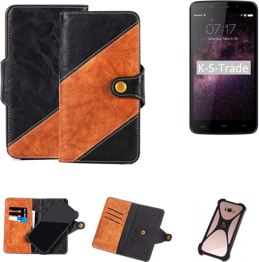K-S-Trade Handyhülle Schutzhülle Bookstyle Case Wallet-Case kompatibel mit Homtom HT17 Handy Cover Bumper Klapphülle schwarz hellbraun 1x