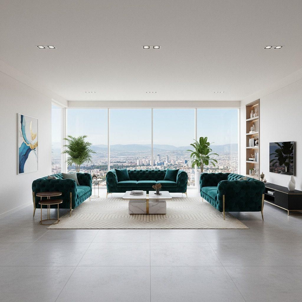 Sofa MONACO, zeitlose Eleganz mit edler Knopfheftung in m Samt Spar-Set, 3-Sitzer + 2-Sitzer + Sessel, Farbe: Goldfarben | Grün