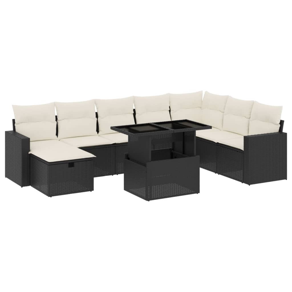 vidaXL 9-tlg. Garten-Sofagarnitur mit Kissen Schwarz Poly Rattan