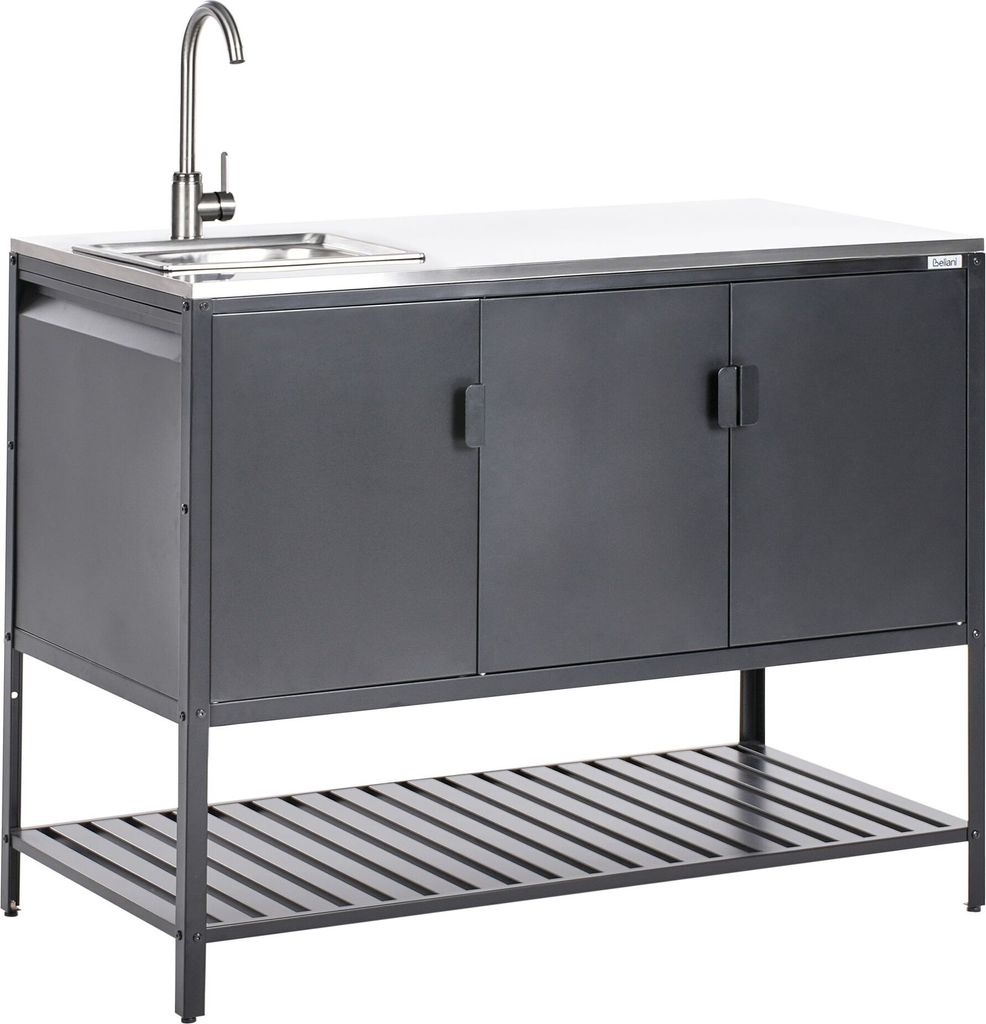 BELIANI Outdoor-Küchenschrank mit Spüle Schwarz Stahl 120 x 60 x 93 cm mit Edelstahlplatte Modern Outdoor-Küchenmöbel für Garten Draußen