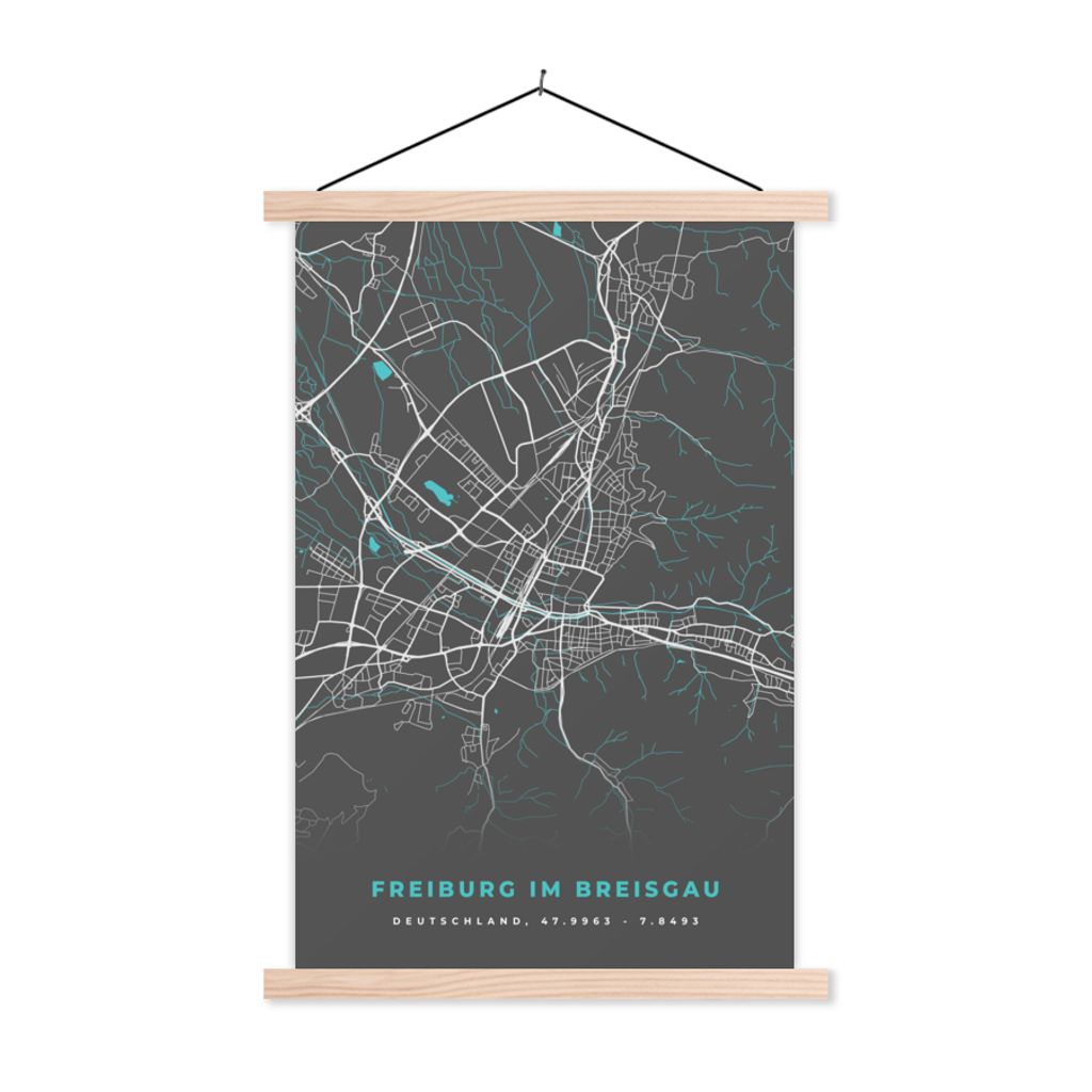 MuchoWow Textilposter Stadtplan - Karte - Freiburg im Breisgau - Blau - Deutschland - Karte 40x60 cm mit holzfarbenen Rahmen - Poster