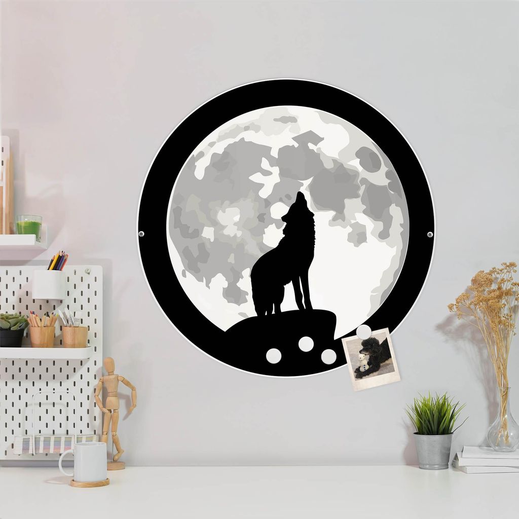 Design Stahlmagnettafel Weiß Rund 47cm Heulender Wolf SW