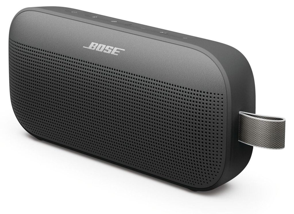 A dark gray Bose SoundLink Flex speaker is shown from a three-quarter angle against a white background.
