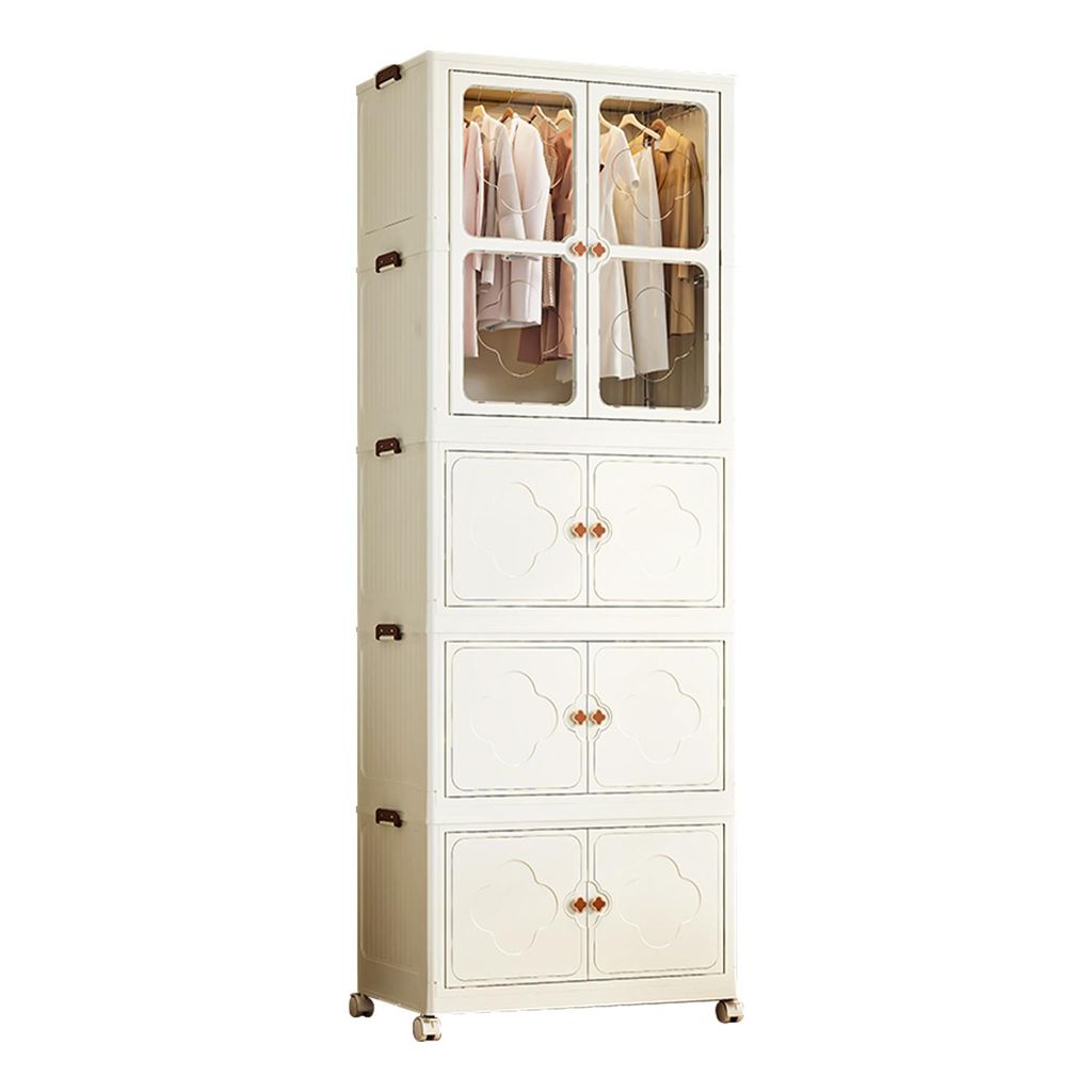 A tall, white, multi-compartment cabinet with clear doors on the top section showing clothes on hangers, and solid doors on the lower sections.