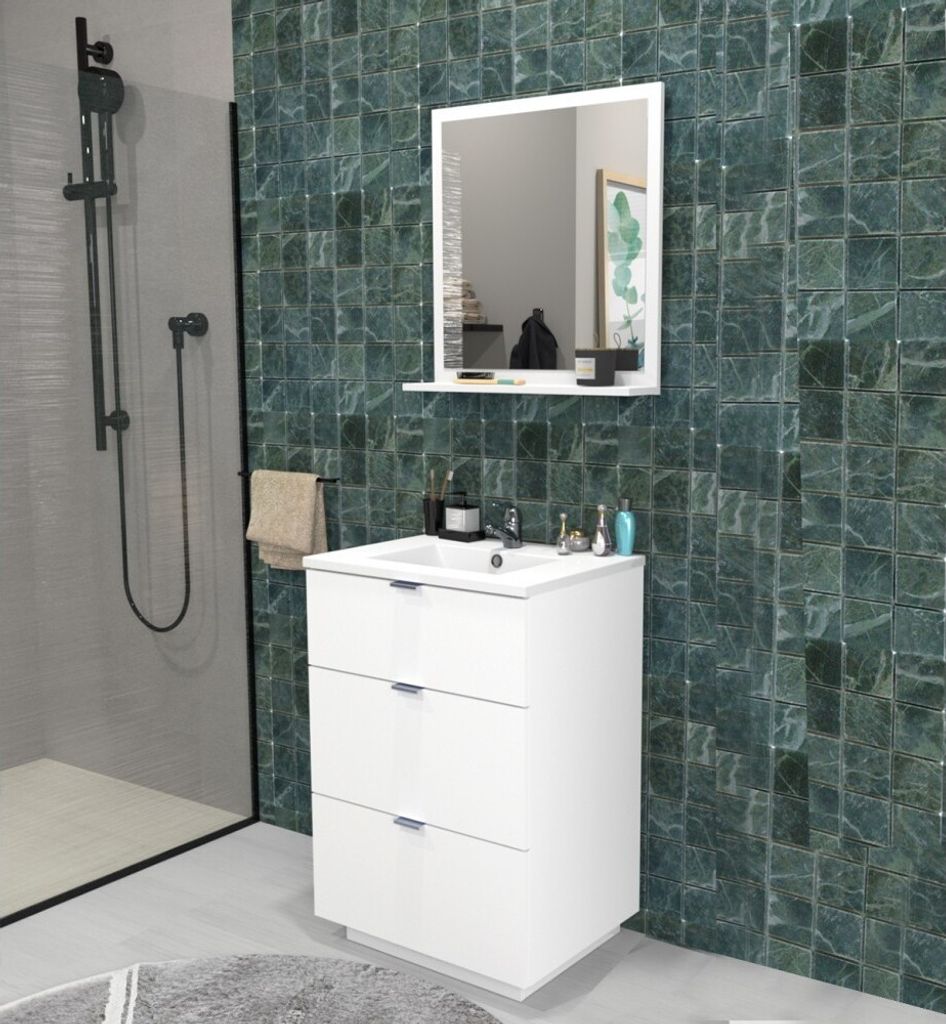 Waschbeckenunterschrank mit 3 Schubladen MARBELLA 60 cm + Waschbecken / Weiß