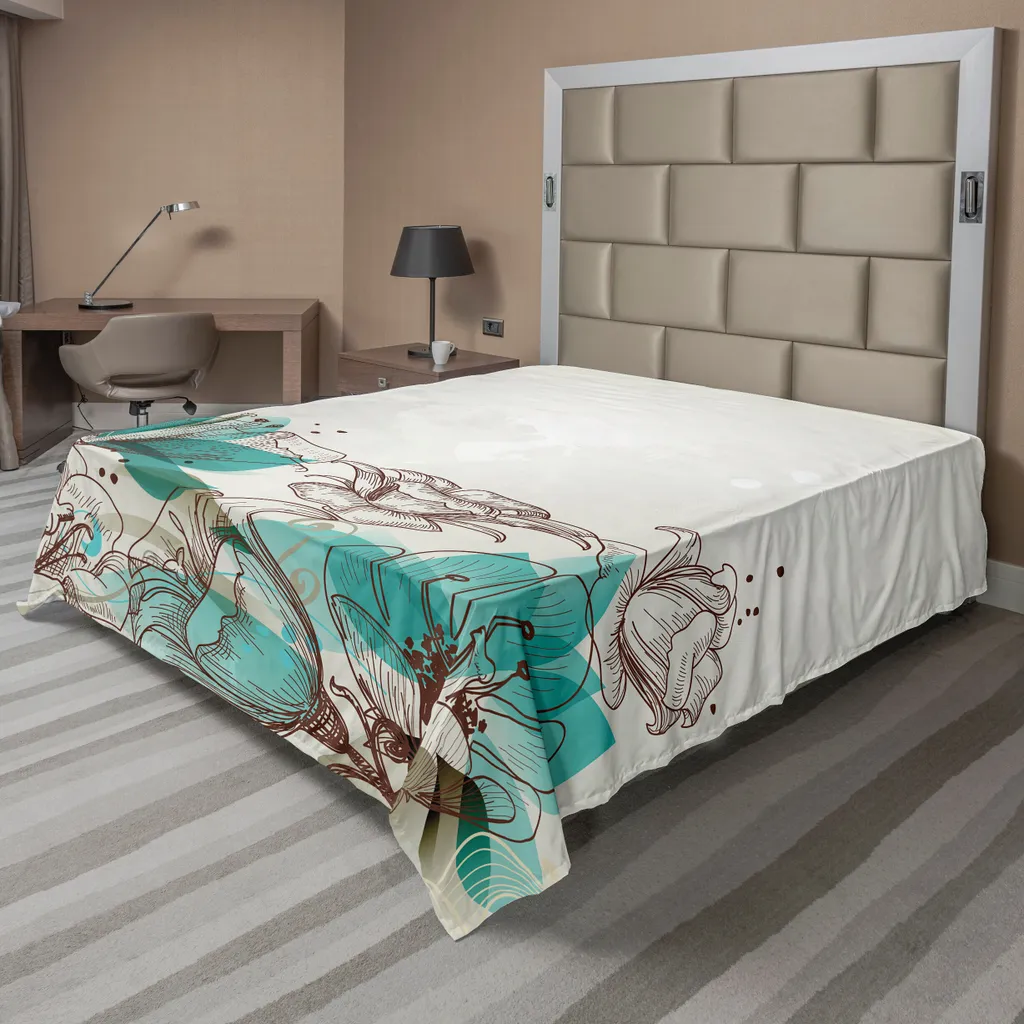 Drap Plat Décoratif Turquoise pour Grand Lit 2 Personnes Style Hibiscus