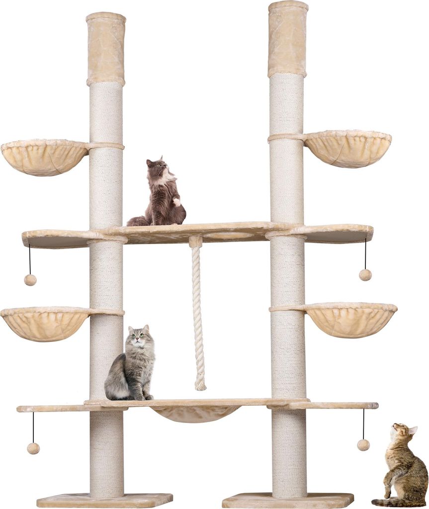 HAPPYPET XXL Kratzbaum-Landschaft für große Katzen - 2-in-1 Aktivitäts- und Sisal-Paradies mit Deckenspanner 280cm hoch | Premium Plüsch