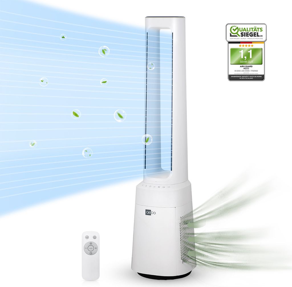 AirX Guard 2-in-1 Turmventilator mit H13 HEPA Luftreiniger Rotorloser Standventilator mit Fernbedienung
