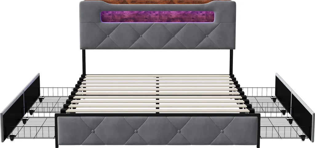 Lit coffre 140x200 velours gris avec sommier lattes et tête de lit LED