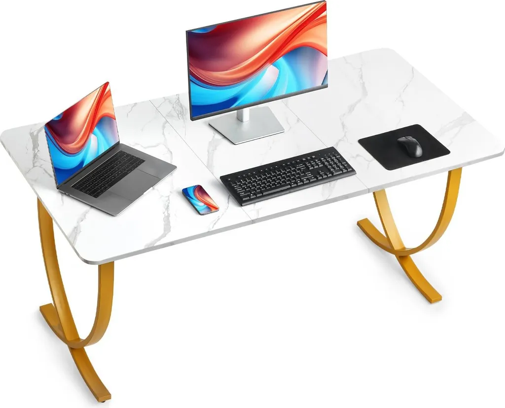 Bureau informatique blanc et or 160x80 cm avec structure robuste en métal